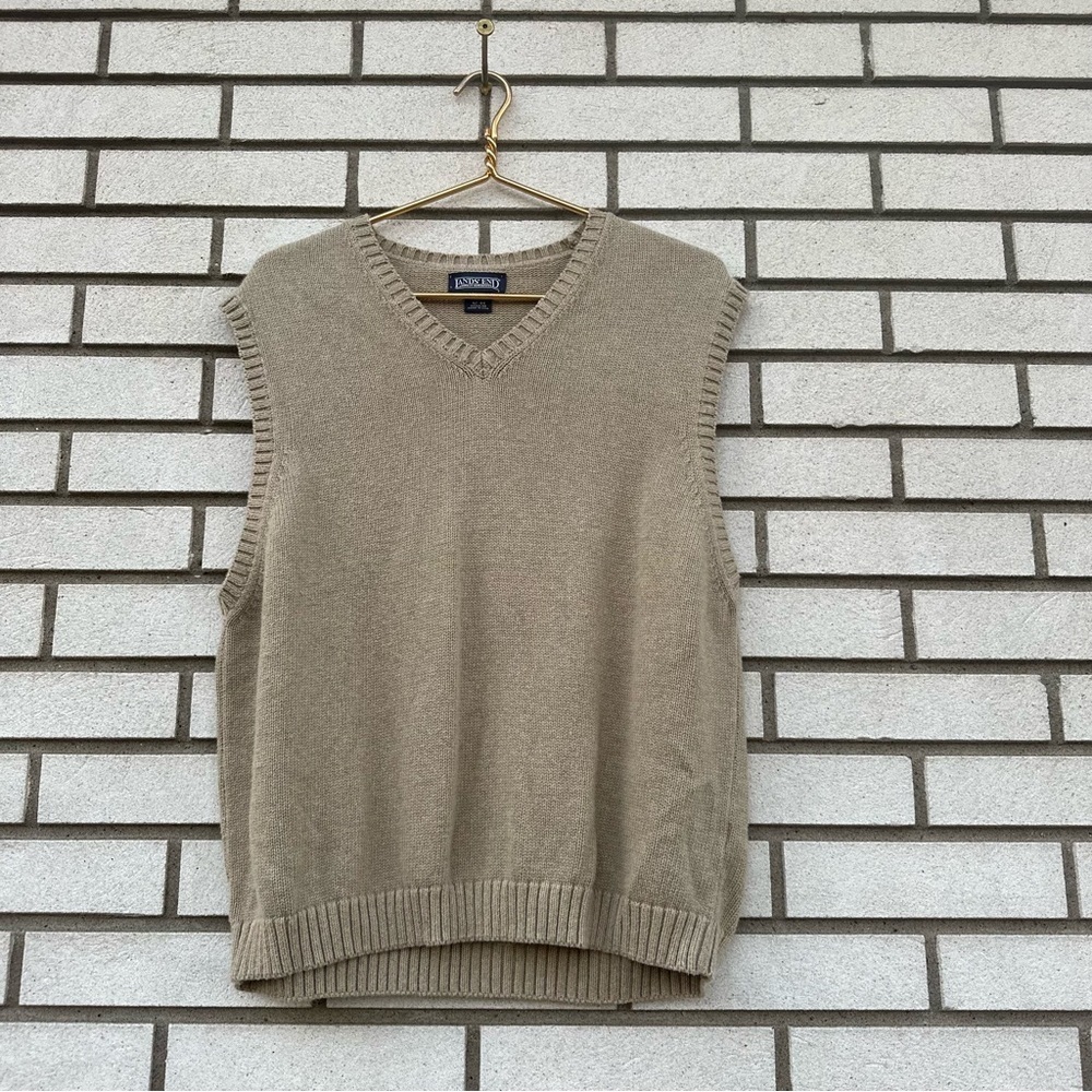 Lands End Beige Tan Cotton Knit V-Neck Sweater Vest‎ Academia Heritage Preppy L